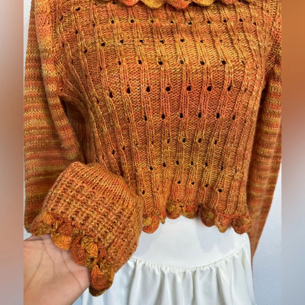 Hand-Knit Boho Cropped Cardigan Sweater small size - Picture 5 of 6